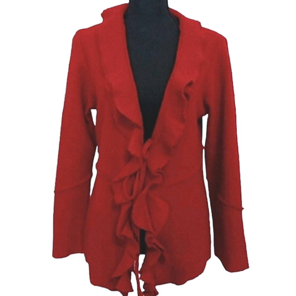 Elena Solano Red Boiled Wool Ruffled Tie Waist Cardigan Sweater Women's Sz Sm
